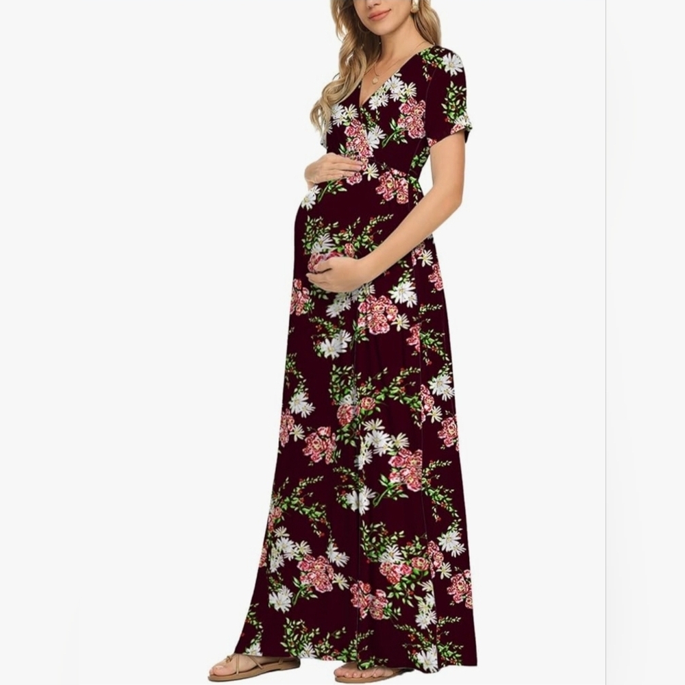 NWT Medium Maternity Maxi Dress - Wine Red with Floral